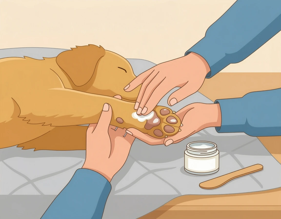 강아지 발바닥에 보습제를 발라주는 모습