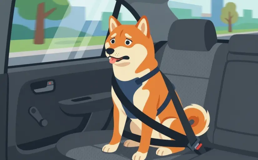 차 뒷좌석에서 불안해하며 헥헥거리는 시바견 일러스트