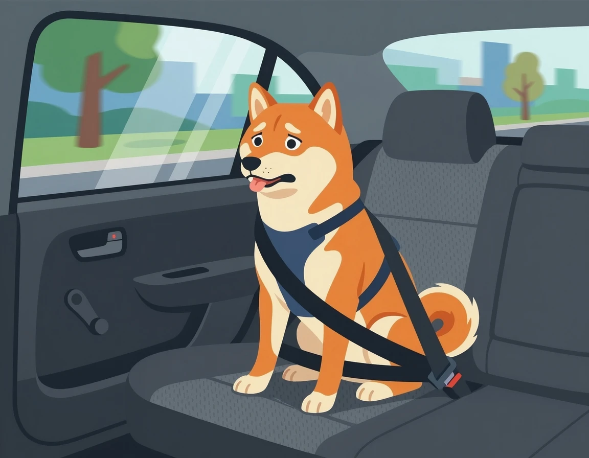 차 뒷좌석에서 불안해하며 헥헥거리는 시바견 일러스트