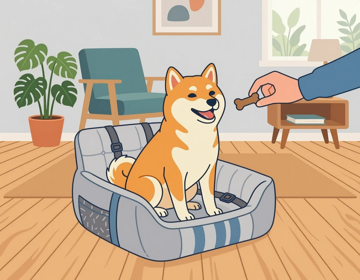 거실 바닥에 놓인 카시트 안에서 간식을 먹으며 쉬고 있는 시바견 일러스트