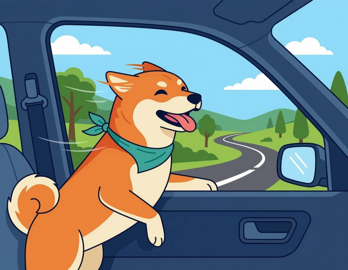 차 창문 밖을 보며 바람을 즐기는 행복한 시바견 일러스트