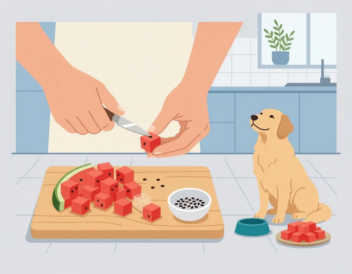 강아지를 위해 수박씨를 제거하고 작게 자르는 모습 일러스트