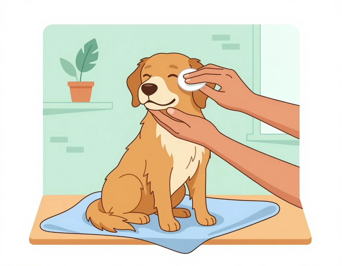 화장솜으로 강아지 눈가를 부드럽게 닦아주는 일러스트