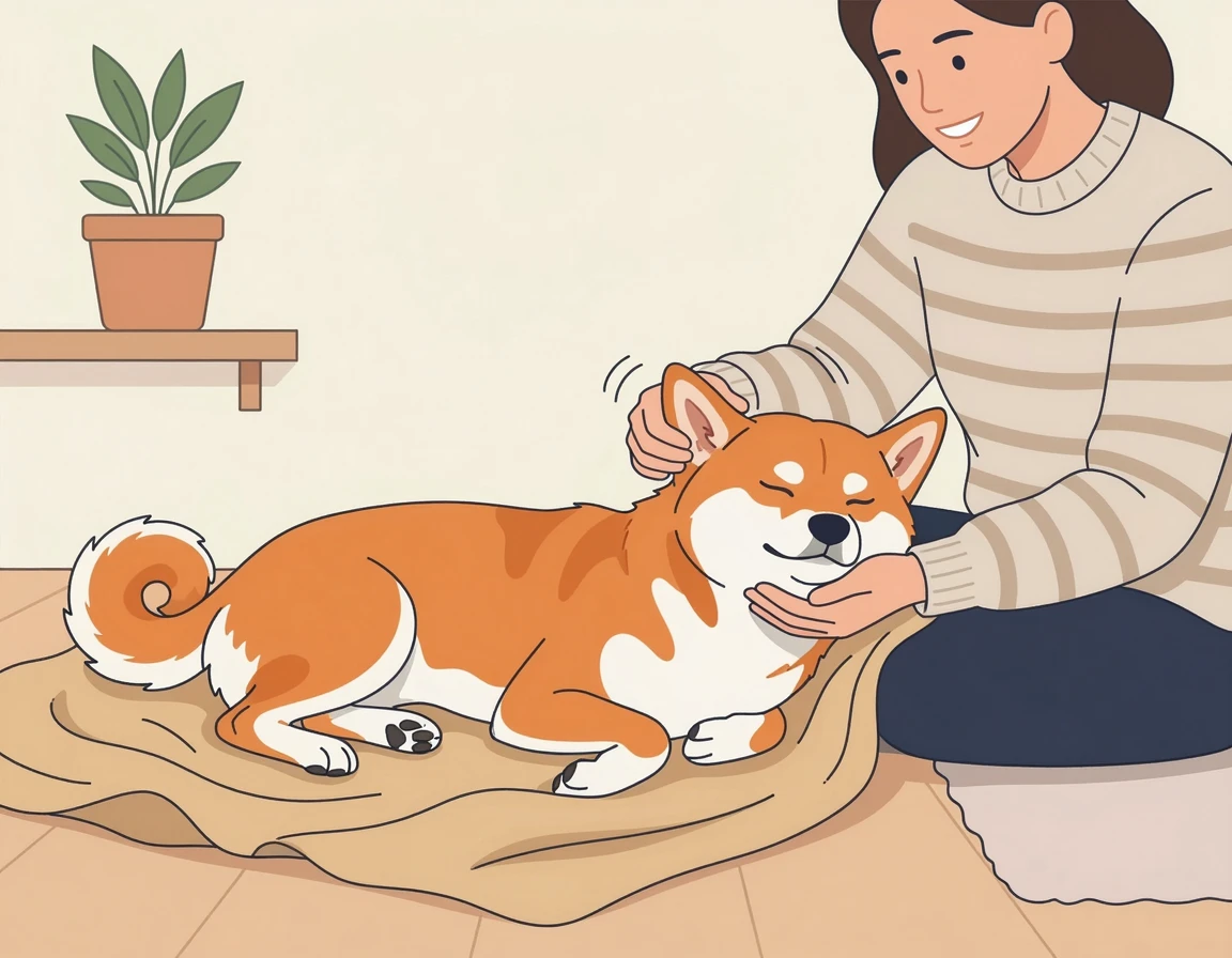 강아지 귀 뿌리 부분을 마사지하는 모습 일러스트