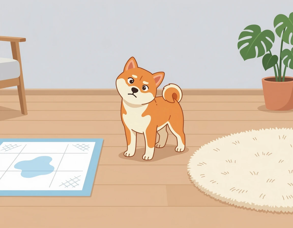 배변패드와 푹신한 카펫 사이에서 헷갈려 하는 강아지 일러스트