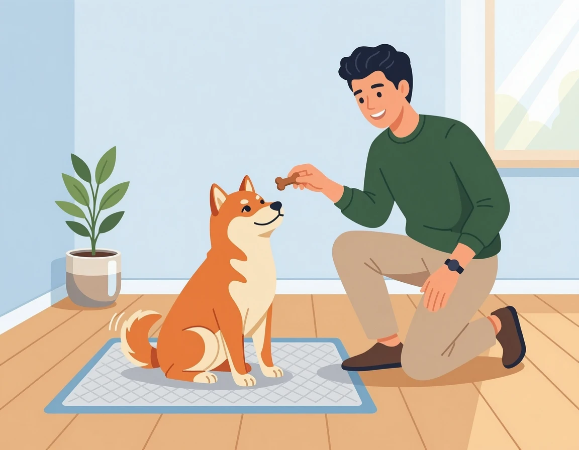 배변패드 위에서 볼일을 본 강아지에게 간식으로 보상하는 일러스트