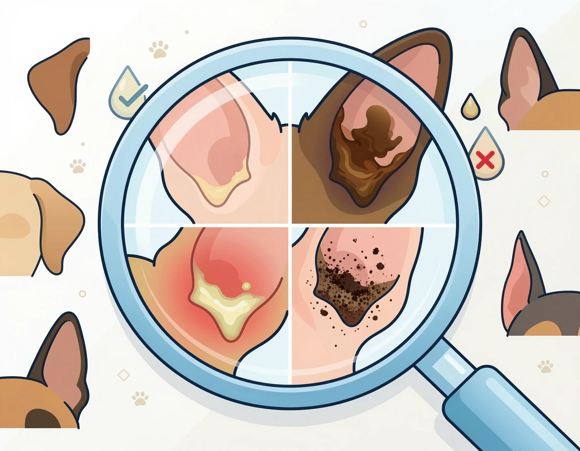 강아지 귓속 분비물 종류를 보여주는 돋보기 일러스트