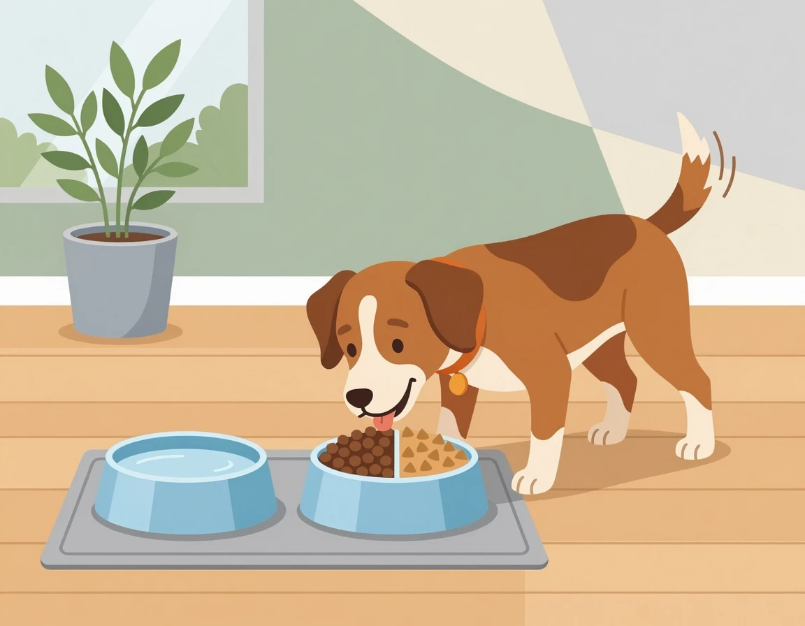 반반 섞은 사료를 먹는 강아지와 물그릇