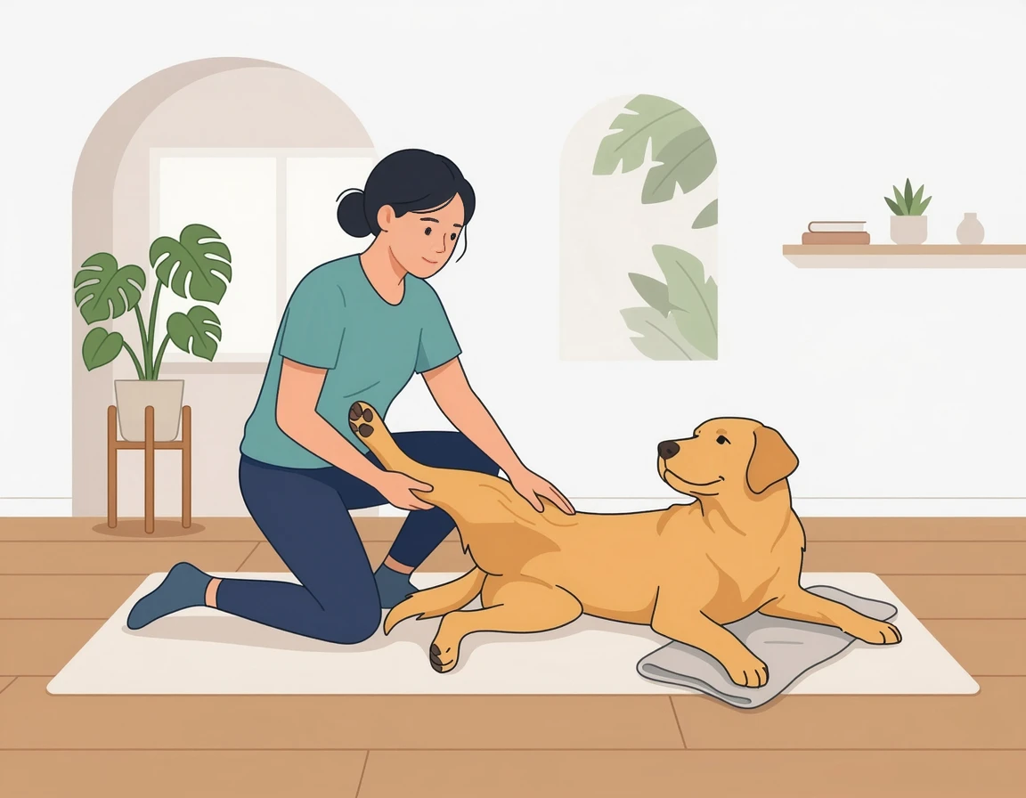 누워있는 강아지의 뒷다리를 부드럽게 마사지하며 재활 운동을 돕는 보호자 일러스트