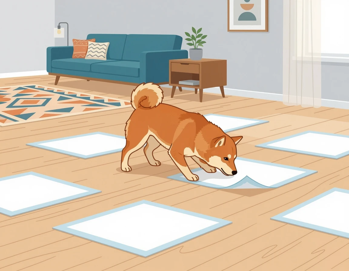 거실에 깔린 여러 장의 배변패드 냄새를 맡는 강아지 일러스트