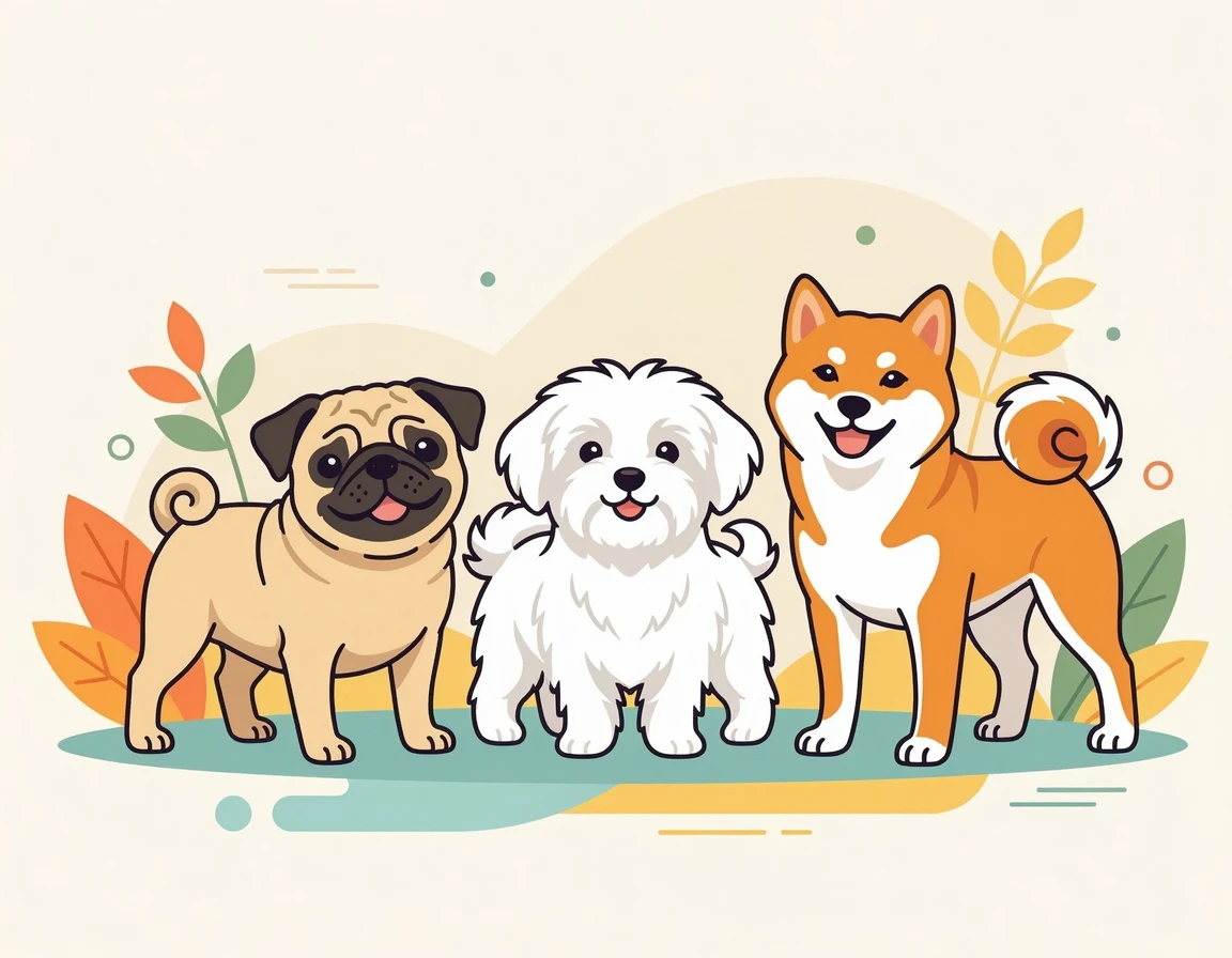 퍼그, 말티즈, 시바견이 함께 있는 일러스트