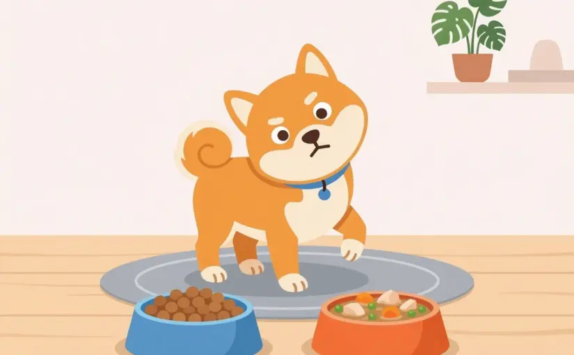 두 가지 종류의 밥 앞에서 고민하는 시바견 일러스트