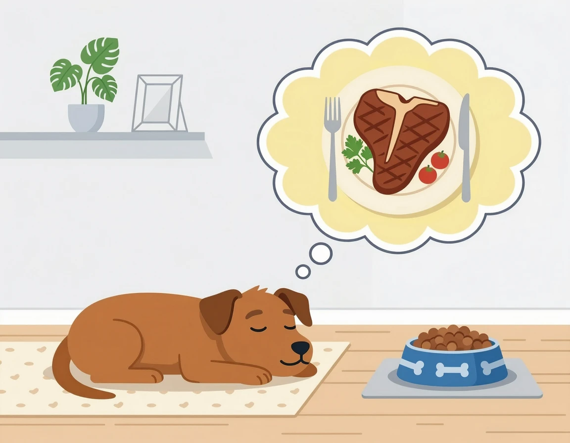 건사료를 무시하고 스테이크를 상상하는 강아지 일러스트
