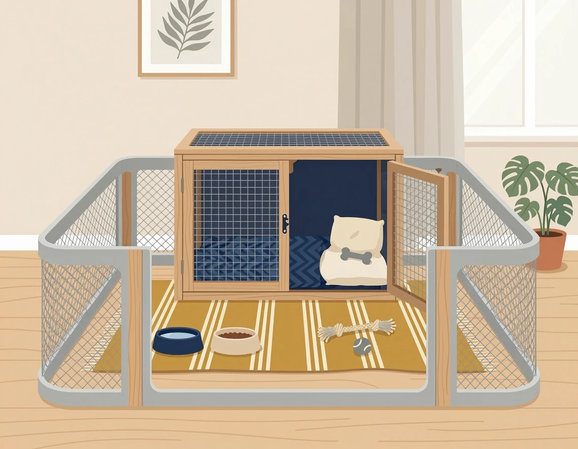 아늑한 켄넬과 울타리가 쳐진 강아지 휴식 공간 일러스트