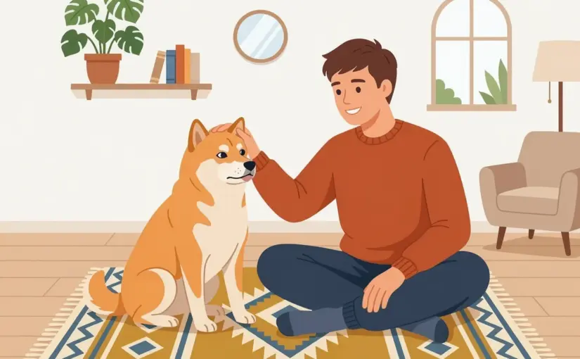 노령견 시바견을 쓰다듬으며 걱정하는 보호자의 모습