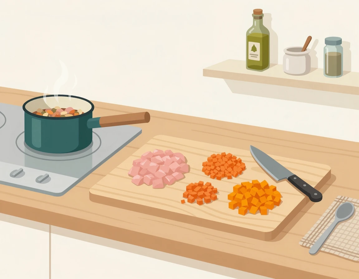 강아지 죽을 만들기 위해 잘게 다져진 식재료들