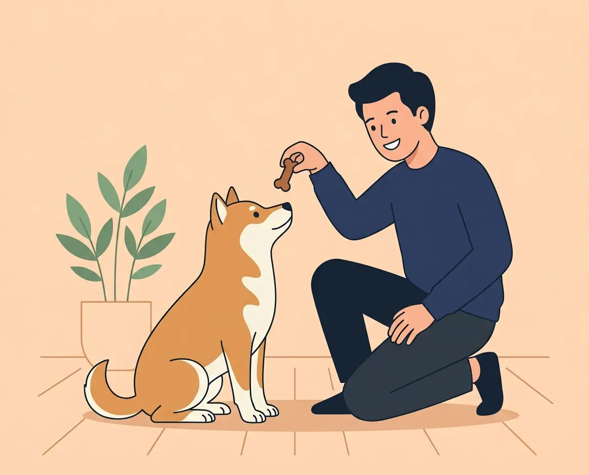 간식을 들고 시바견에게 앉아 훈련을 시키는 모습