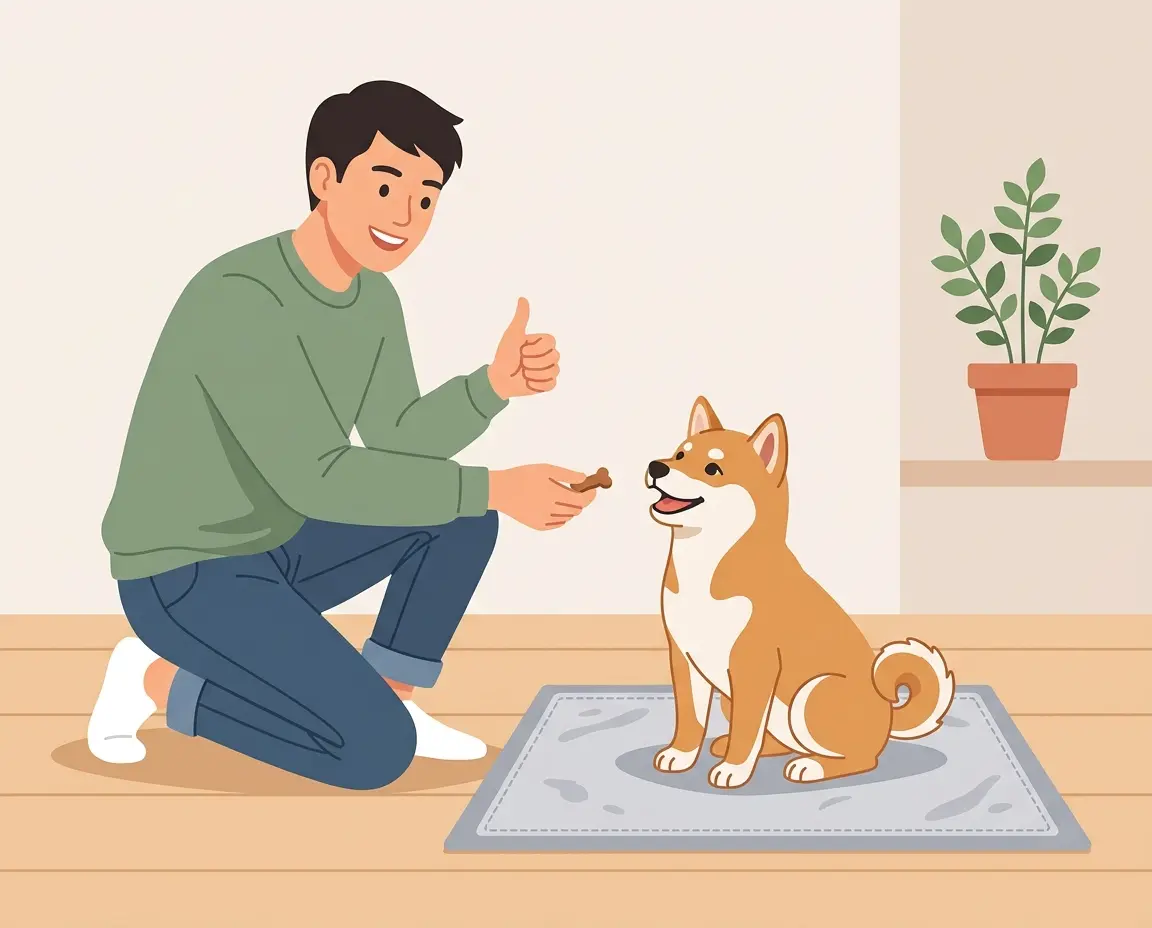 배변 패드 위에서 칭찬받는 강아지