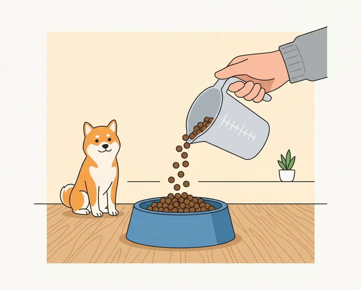 정확한 양의 사료를 계량컵으로 덜어주는 모습